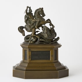 German Patinated Bronze Figural Group of St. George Slaying the Dragon