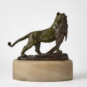 French Patinated Bronze Sculpture of a Lioness and a Pheasant