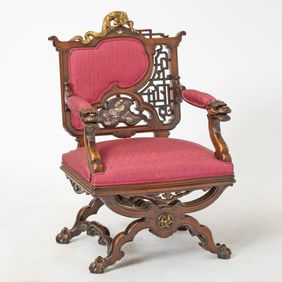 French Japonisme Mother-of-Pearl inlaid Mahogany Fauteuil