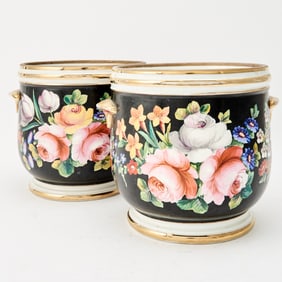Pair of Napoleon III Black Floral Painted Porcelain Cache Pots