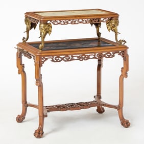 French Japonisme Gilt-Bronze Mounted Onyx and Lacquer Inlaid Walnut Two-Tier Tea Table