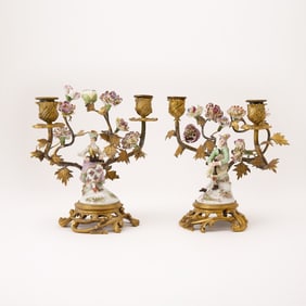 Pair of Louis XV Style Gilt Metal Porcelain-Mounted Figural Candelabra