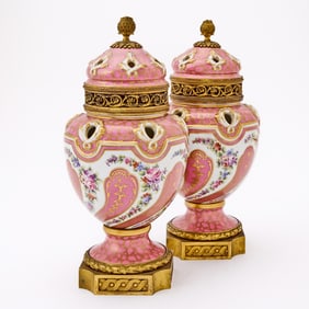 Pair of Sèvres-Style Gilt-Bronze Mounted Potpourri Vases and Covers