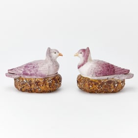 Pair of Derby Porcelain Nesting Pigeon Boxes