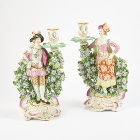 Pair of Chelsea-Derby Bocage Figural Candlesticks
