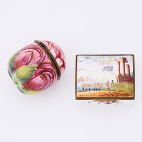 South Staffordshire Enamel Bonbonnière Together with a Staffordshire Enamel Snuff Box