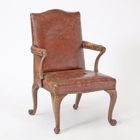 George II Leather Upholstered Mahogany Open Armchair