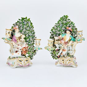 Pair of Chelsea Bocage Porcelain Allegorical Figural Candelabra