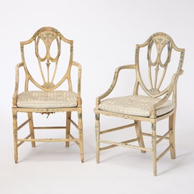 Assembled Set of Seven George III Painted Rush-Seat Armchairs