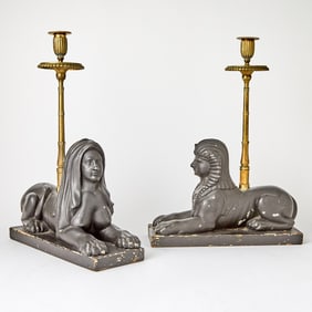 Pair of Regency Gilt-Bronze and Patinated Plaster Sphinx Candlesticks
