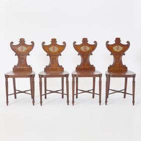 Set of Four Regency Polychrome Decorated Mahogany Hall Chairs