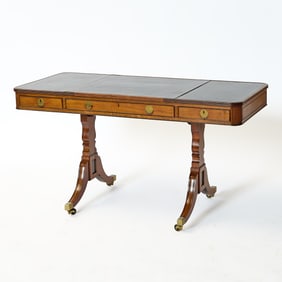 Chinese Export Gilt-Tooled Leather Lined Cedrela (Mahogany) Library Table