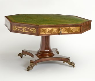 Regency Brass-Inlaid Mahogany Octagonal Library Table