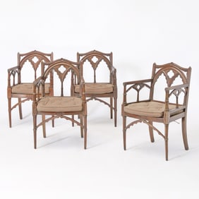 Set of Four English Gothic Revival Oak Armchairs