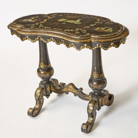 Victorian Black Lacquer, Mother-of-Pearl-Inlaid and Papier-Mâché Trestle Table
