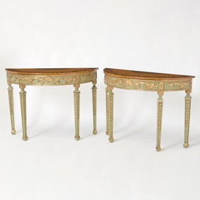 Pair of George III Style Green Stained, Painted and Parcel-Gilt Satinwood Demilune Side Tables
