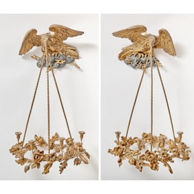 Pair of Regency Style Gilt and Ebonized Wood Four-Light Hanging Wall Sconces