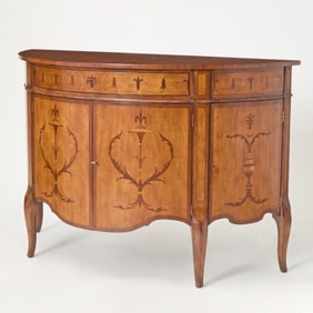 George III Style Marquetry Satinwood and Mahogany D-Shaped Commode