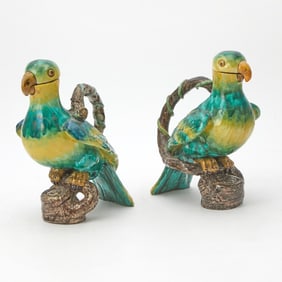 Pair of Proskau or Glienitz Faience Parrot-Form Jugs and Covers