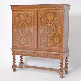 Dutch William and Mary Olive-Oyster Veneered, Walnut and Fruitwood Marquetry Inlaid Cabinet on Stand