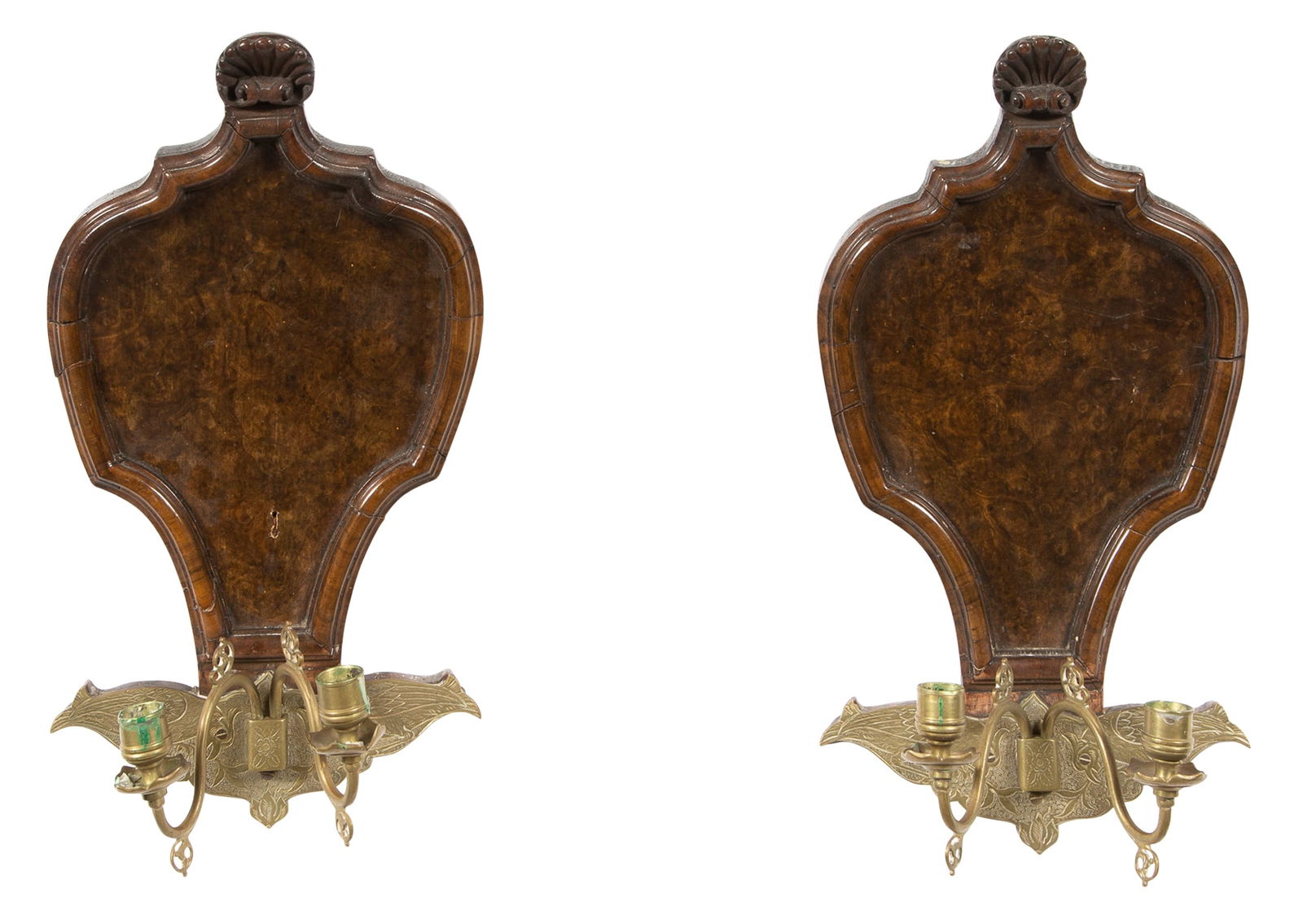 Pair of Flemish Burr Walnut and Brass Wall Lights (1 of 3)