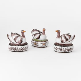 Pair of Dutch Delft Manganese Painted Bird-Form Butter Tubs Together with a Polychrome Butter Tub