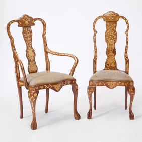 Assembled Set of Dutch Rococo Floral Fruitwood Marquetry Inlaid Walnut Dining Chairs