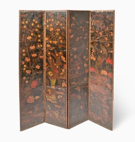 Dutch Painted Leather Four-Panel Folding Screen