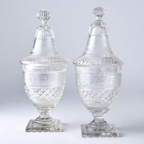 Matched Pair of Continental Cut-and Wheel-Engraved Blown Glass Ginger Jars and Covers