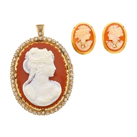 Gold, Sardony Cameo and Diamond Pendant-Brooch and Pair of Shell Cameo Earrings