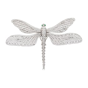 Oversized White Gold, Cubic Zirconia and Cabochon Emerald Dragonfly Brooch