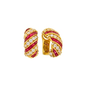 Pair of Gold, Cubic Zirconia and Synthetic Ruby Earrings
