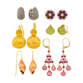 Group of Gold, Platinum, Silver, Diamond and Colored Stone Earrings
