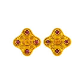 Reinstein Ross Pair of High Karat Gold, Cabochon Citrine and Ruby Earclips