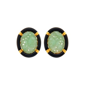 Pair of Gold, Carved Jade and Black Onyx Earclips