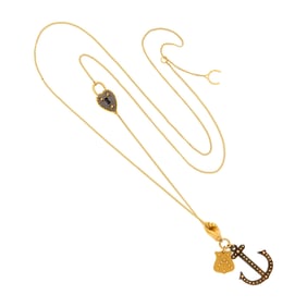 Long Gold and Oxidized Silver Charm Necklace