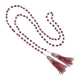 Two-Color Gold, Garnet Bead, Diamond and Colored Diamond Tassel Necklace