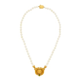 Gold, Cultured Pearl, Diamond and Cabochon Tourmaline Pendant-Necklace