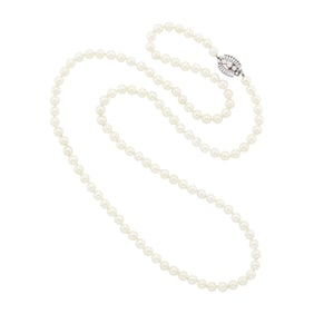 Long Cultured Pearl Necklace with Platinum and Diamond Clasp