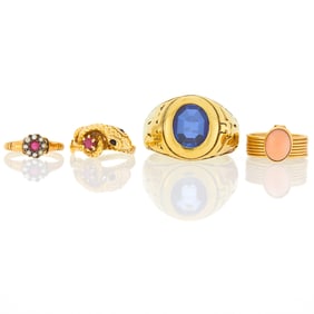 Group of Gold, Low Karat Gold, Synthetic and Colored Stone Rings