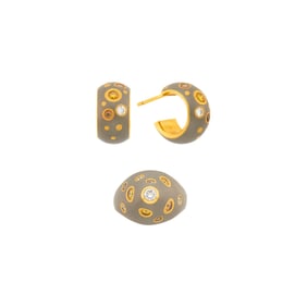 Gold, Titanium, Diamond and Colored Diamond Dome Ring and Pair of Hoop Earrings