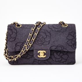 Chanel Blue Canvas Embroidered Camellia Double Flap Bag