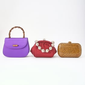 Gucci Purple Satin and Bamboo Bag, Bottega Veneta Leopard Print Clutch and Tiffany & Co. Evening Bag