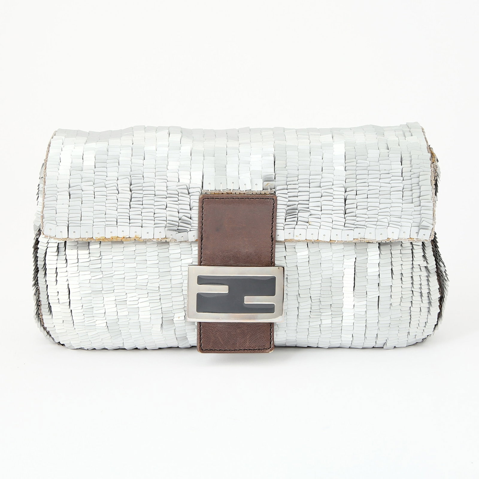Fendi Sequin Baguette Clutch: Silver-tone sequins, front flap with brown leather and 'FF' logo closure, signed Fendi. 10 x 5 inches