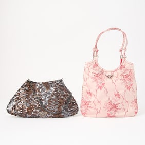 Two Prada Black Sequin and Satin Cherry Blossom Bags