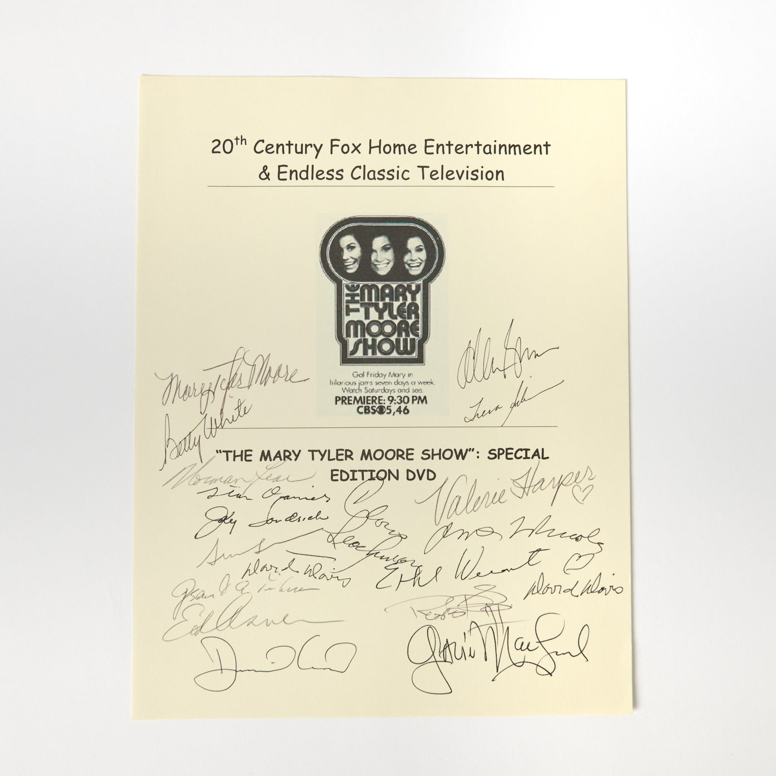 A sheet signed by cast members and producers of The Mary Tyler Moore Show (1 of 1)