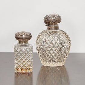 Two Sterling Silver and Colorless Cut-Glass Scent Bottles