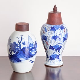 Chinese Porcelain Blue and White and Copper Red Baluster Vase and a Small Blue and White Ovoid Vase