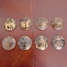 Eight Chinese Gilt Decorated Bronze Gongs