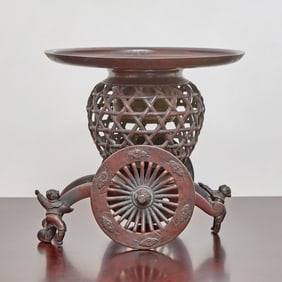 Japanese Bronze Wagon-Form Ikebana Pot